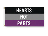 Hearts Not Parts Asexual Pride Flag, LGBTQ LGBTQIA Love is Love Ace-High quality, professionally printed polyester banner pole flag in your choice of size and style - single or double sided with either grommets or pole pocket. 2x1 / 1x2 ft, 3x2 / 2x3 ft, 3x5 / 5x3 ft or custom size. Fully customizable on request. Ace Asexual LGBTQ LGBTQIA LGBTQX pole banner Pride flag. Love is Love.-2 ft x 1 ft-Standard-Grommets-