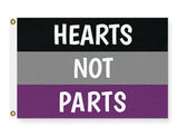 Hearts Not Parts Asexual Pride Flag, LGBTQ LGBTQIA Love is Love Ace-High quality, professionally printed polyester banner pole flag in your choice of size and style - single or double sided with either grommets or pole pocket. 2x1 / 1x2 ft, 3x2 / 2x3 ft, 3x5 / 5x3 ft or custom size. Fully customizable on request. Ace Asexual LGBTQ LGBTQIA LGBTQX pole banner Pride flag. Love is Love.-3 ft x 2 ft-Standard-Grommets-