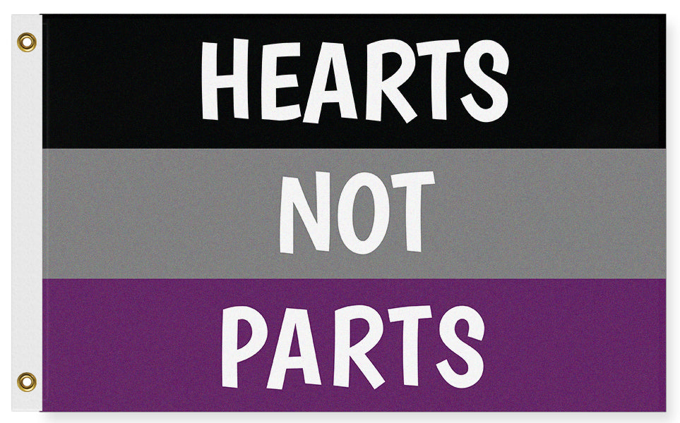 Hearts Not Parts Asexual Pride Flag, LGBTQ LGBTQIA Love is Love Ace-High quality, professionally printed polyester banner pole flag in your choice of size and style - single or double sided with either grommets or pole pocket. 2x1 / 1x2 ft, 3x2 / 2x3 ft, 3x5 / 5x3 ft or custom size. Fully customizable on request. Ace Asexual LGBTQ LGBTQIA LGBTQX pole banner Pride flag. Love is Love.-5 ft x 3 ft-Standard-Grommets-