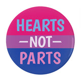 Hearts Not Parts Bisexual Pride Buttons, 1.25in 2.25in or 3in LGBTQ-High quality scratch and UV resistant mylar & metal pinback button. 1.25, 2.25 or 3 inches. Custom made Bi LGBT GLBT LGBTQ LGBTQIA LGBTQX Bisexual Sexuality Pride, Rights, Equality Flag Stripes. Love is Love. -2.25 inch Round Button-