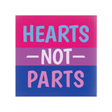 Hearts Not Parts Bisexual Pride Buttons, 1.25in 2.25in or 3in LGBTQ-High quality scratch and UV resistant mylar & metal pinback button. 1.25, 2.25 or 3 inches. Custom made Bi LGBT GLBT LGBTQ LGBTQIA LGBTQX Bisexual Sexuality Pride, Rights, Equality Flag Stripes. Love is Love. -2 inch Square Button-