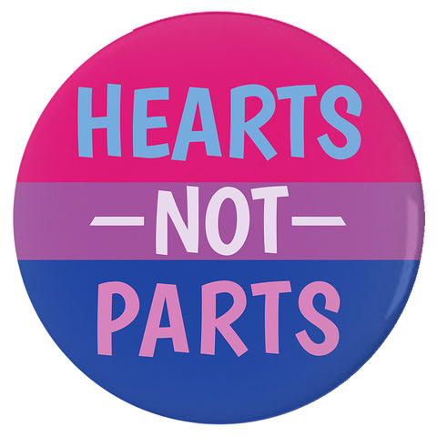 Hearts Not Parts Bisexual Pride Buttons, 1.25in 2.25in or 3in LGBTQ-High quality scratch and UV resistant mylar & metal pinback button. 1.25, 2.25 or 3 inches. Custom made Bi LGBT GLBT LGBTQ LGBTQIA LGBTQX Bisexual Sexuality Pride, Rights, Equality Flag Stripes. Love is Love. -3 inch Round Button-