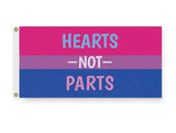 Hearts Not Parts Bisexual Pride Flag, LGBTQ LGBTQIA Love is Love-High quality, professionally printed polyester banner pole flag in your choice of size and style - single or double sided with either grommets or pole pocket. 2x1 / 1x2 ft, 3x2 / 2x3 ft, 3x5 / 5x3 ft or custom size. Fully customizable on request. Bi Bisexual LGBTQ LGBTQIA LGBTQX pole banner Pride flag. Love is Love.-2 ft x 1 ft-Standard-Grommets-
