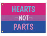 Hearts Not Parts Bisexual Pride Flag, LGBTQ LGBTQIA Love is Love-High quality, professionally printed polyester banner pole flag in your choice of size and style - single or double sided with either grommets or pole pocket. 2x1 / 1x2 ft, 3x2 / 2x3 ft, 3x5 / 5x3 ft or custom size. Fully customizable on request. Bi Bisexual LGBTQ LGBTQIA LGBTQX pole banner Pride flag. Love is Love.-3 ft x 2 ft-Standard-Grommets-