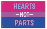 Hearts Not Parts Bisexual Pride Flag, LGBTQ LGBTQIA Love is Love-High quality, professionally printed polyester banner pole flag in your choice of size and style - single or double sided with either grommets or pole pocket. 2x1 / 1x2 ft, 3x2 / 2x3 ft, 3x5 / 5x3 ft or custom size. Fully customizable on request. Bi Bisexual LGBTQ LGBTQIA LGBTQX pole banner Pride flag. Love is Love.-5 ft x 3 ft-Standard-Grommets-