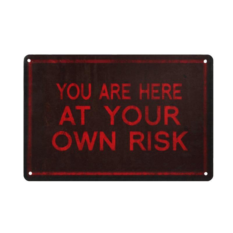 Creepy YOU ARE HERE AT YOUR OWN RISK Metal Warning Sign, Horror Gothic-Foreboding 'You Are Here At Your Own Risk' Sign - Rust and fade resistant 8x12 inch metal sign. Free Shipping Worldwide. This item is made-to-order and usually ships in 3-5 business days from abroad. Typically arrives in about 2 weeks to the USA. Gothic horror warning caution sign. Haunted house decor. Red and black.-