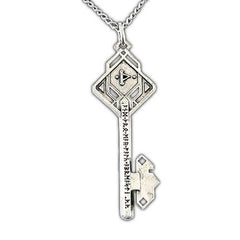 The Hobbit Key of Thror Necklace, Sterling Silver, Officially Licensed-The events of The Hobbit hinged on a very simple object, a secret key that would open a secret door, Thrór's Key. Solid sterling silver Dwarven Key pendant hand finished with black antiquing. Optional Mithril chain. Genuine, officially licensed JRR Tolkien fantasy jewelry. New with COA Made in and shipped from the USA.-Sterling Silver-24in Stainless Steel Curb Chain-