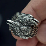 -Detailed antiqued 316L stainless steel ring featuring entwined ravens, Odin's Huginn and Muninn of Norse legend. Free shipping worldwide. Typically ships within a few business days from abroad and arrives in the US in 2-3 weeks.

High Quality 3D Hugin and Munin Raven Jewelry Celtic Gothic Crow Birds-
