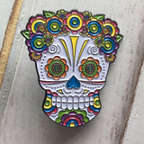 -Lady Sugar Skull soft enamel pin. She has lots of detailed features filled in with bright colors and a lovely floral head piece. Soft enamel pin measuring approximately 1.5in with 2 posts and rubber pin back. Shipped from the USA. 

Halloween dia de los muertos pinback bag backpack hat accessory badge g-