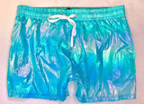 Men's Iridescent Metallic Rave Shorts - Light Blue-Fantastic flashy men's metallic rave shorts with an iridescent finish that changes colors as you move. Drawstring elastic waist, 2 side pockets. Fitted, short and sexy. These shorts usually ship in 2-3 business days from within the USA.

Shimmer shimmering glitter sparkle rainbow gay clubwear San Francisco Knobs festival club booty trunks-