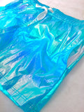 Men's Iridescent Metallic Rave Shorts - Light Blue-Fantastic flashy men's metallic rave shorts with an iridescent finish that changes colors as you move. Drawstring elastic waist, 2 side pockets. Fitted, short and sexy. These shorts usually ship in 2-3 business days from within the USA.

Shimmer shimmering glitter sparkle rainbow gay clubwear San Francisco Knobs festival club booty trunks-