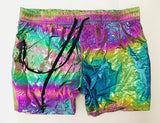 Men's Iridescent Metallic Rave Shorts - Green and Pink-Fantastic flashy men's metallic rave shorts with an iridescent finish that changes colors as you move. Drawstring elastic waist, 2 side pockets. Fitted, short and sexy. These shorts usually ship in 2-3 business days from the USA.

Shimmer shimmering glitter sparkle rainbow gay clubwear San Francisco Knobs festival club booty trunks-L-Green / Pink-