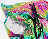 Men's Iridescent Metallic Rave Shorts - Green and Pink-Fantastic flashy men's metallic rave shorts with an iridescent finish that changes colors as you move. Drawstring elastic waist, 2 side pockets. Fitted, short and sexy. These shorts usually ship in 2-3 business days from the USA.

Shimmer shimmering glitter sparkle rainbow gay clubwear San Francisco Knobs festival club booty trunks-