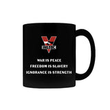 INGSOC Insignia Mug, Black 11oz or 15oz, Anti-Fascist 1984 Propaganda-Premium quality black mug in your choice of 11oz or 15oz. High quality, durable ceramic. Microwave safe, hand washing recommended to help prevent fading.Large emblem on one side, smaller emblem and "war is peace. freedom is slavery. ignorance is strength" motto on the reverse.Made-to-order shipped from the USA.-
