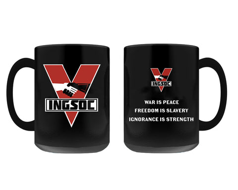 INGSOC Insignia Mug, Black 11oz or 15oz, Anti-Fascist 1984 Propaganda-Premium quality black mug in your choice of 11oz or 15oz. High quality, durable ceramic. Microwave safe, hand washing recommended to help prevent fading.Large emblem on one side, smaller emblem and "war is peace. freedom is slavery. ignorance is strength" motto on the reverse.Made-to-order shipped from the USA.-