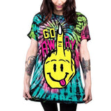 Go Away Tie-Dye Tee, Innergalactic Rude Retro Punk Smiley Finger Shirt-High quality tie-dye allover graphic print t-shirt with large smiley face middle finger graphic. Thin, soft and stretchy polyester and spandex blend tee. Unisex style and sizing. See size chart in images.This shirt typically ships in 2-3 business days from abroad and arrives in about 2 weeks.-