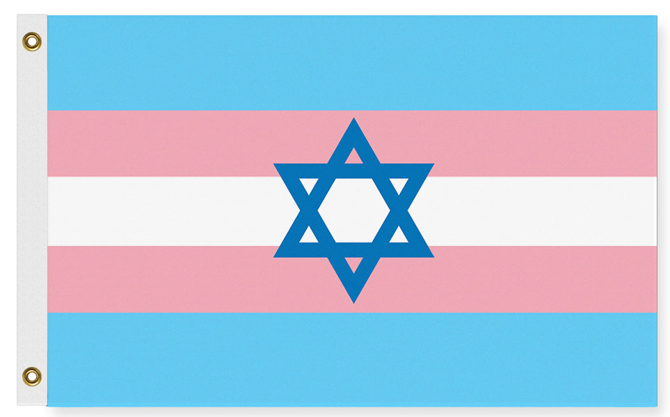 Jewish Transgender Pride Flag, Trans Pride Stripes Magan Star of David-High quality, professionally printed polyester flag in your choice of size, single or fully double-sided with blackout layer, grommets or pole pocket / sleeve. 2x1ft / 1x2ft, 3x2ft / 2x3ft, 5x3ft / 3x5ft, custom. Fully customizable. Jewish Trans LGBT GLBT LGBTQ LGBTQIA LGBTQX plus Transgender Pride, Rights, Equality-5 ft x 3 ft-Standard-Grommets-796752937298