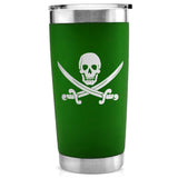 -Quality 20oz vacuum-sealed double-wall steel tumbler with impact resistant plastic lid. Keeps drinks hot or cold up to 18 hours! Matte finish with permanently engraved design. Made-to-order, ships from the USA.

insulated travel cup pirate jolly roger gift black green red pink-Green-Single Side-
