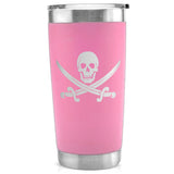 -Quality 20oz vacuum-sealed double-wall steel tumbler with impact resistant plastic lid. Keeps drinks hot or cold up to 18 hours! Matte finish with permanently engraved design. Made-to-order, ships from the USA.

insulated travel cup pirate jolly roger gift black green red pink-Pink-Single Side-
