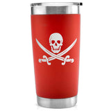 -Quality 20oz vacuum-sealed double-wall steel tumbler with impact resistant plastic lid. Keeps drinks hot or cold up to 18 hours! Matte finish with permanently engraved design. Made-to-order, ships from the USA.

insulated travel cup pirate jolly roger gift black green red pink-Red-Single Side-