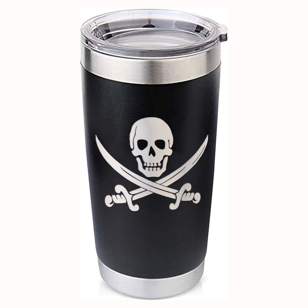 -Quality 20oz vacuum-sealed double-wall steel tumbler with impact resistant plastic lid. Keeps drinks hot or cold up to 18 hours! Matte finish with permanently engraved design. Made-to-order, ships from the USA.

insulated travel cup pirate jolly roger gift black green red pink-Black-Single Side-