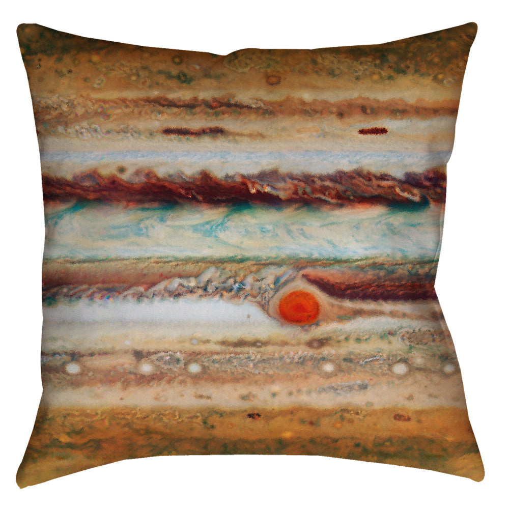 -Square throw pillow in polyester or synthetic suede finish. The seemingly abstract design was actually created using surface maps of planet Jupiter, earth-tone stripes, perfectly accented with its famous red eye. A sophisticated accent for your modern or futuristic space. Makes a great gift for science or sci-fi geeks!-