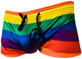 -Short and sexy pair of LGBTQIA pride rainbow striped gym / swim shorts with elastic and drawstring waist. Shipped from the USA. On sale, gay queer pride GLBT LGBT LGBTQ LGBTQX mens unisex shorty shorts Knobs San Francisco-L-