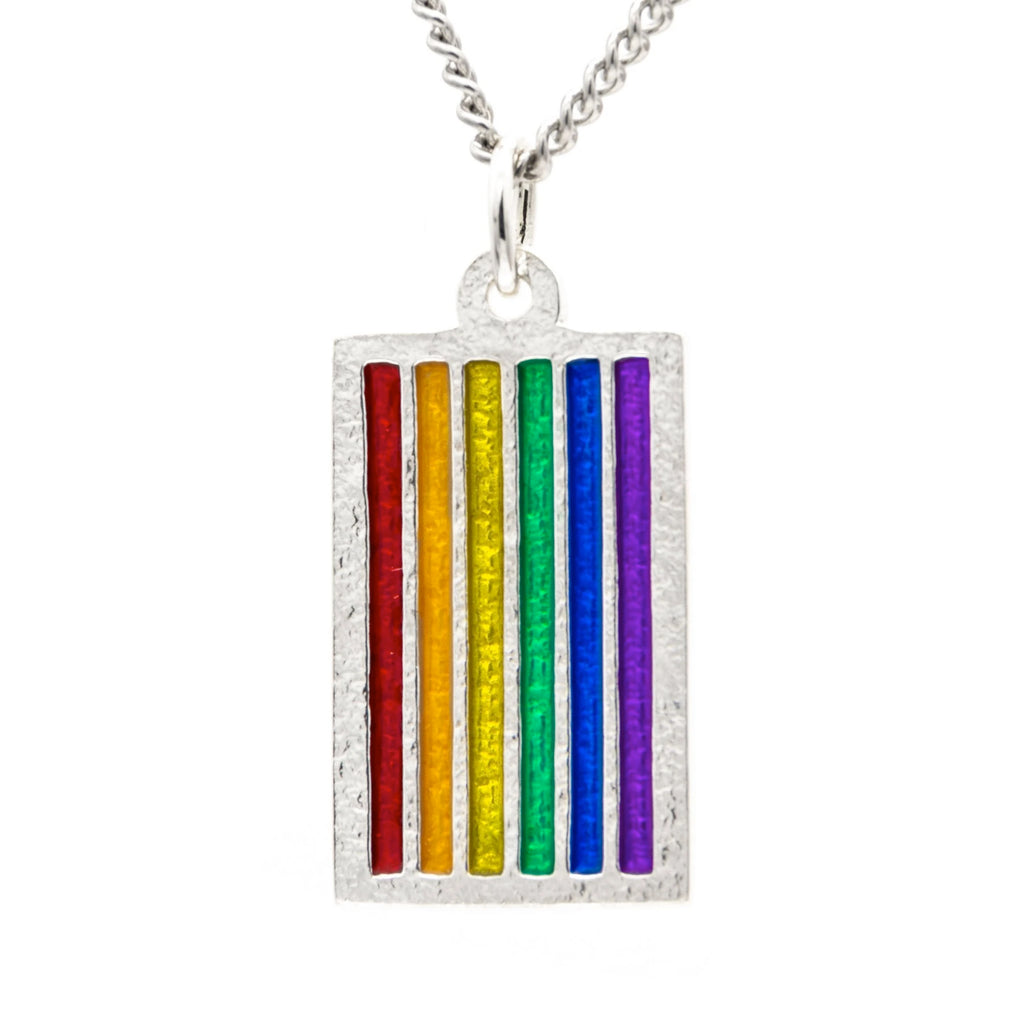 -Jeweler crafted sterling silver LGBTQ Pride Flag pendant with hand-enameled rainbow stripes, on your choice of chain or leather cord. Brand New in jewelers box. Made in and shipped from the USA. Gay Pride, GLBT, LGBT, LGBTQ, LGBTQ+, LGBTQIA, LGBTQX, LGBTQIA Plus, LGBTQ Love is Love Equality Jewelry Gift-Sterling Silver-24" Stainless Steel Curb Chain-