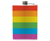 -LGBTQIA Pride Flask. Brand New 8oz stainless steel flask with easy closure screw cap lid with classic rainbow striped LGBTQ gay pride flag artwork on waterproof vinyl. Holds eight shots. Optional funnel or gift box with funnel and shot glasses.-