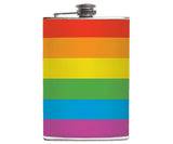 -LGBTQIA Pride Flask. Brand New 8oz stainless steel flask with easy closure screw cap lid with classic rainbow striped LGBTQ gay pride flag artwork on waterproof vinyl. Holds eight shots. Optional funnel or gift box with funnel and shot glasses.-Just the Flask-725185480699