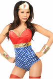 -Fullbust corset romper made of high quality polyester satin Premium side zipper closure 10 plastic bones with 4 static steel back bones Nickel brass grommets, thick cording for cinching in back Snap Crotch wonder woman style tiara Headband and Wrist Cuffs Shipped from the USA-