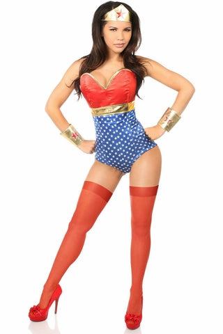-Fullbust corset romper made of high quality polyester satin Premium side zipper closure 10 plastic bones with 4 static steel back bones Nickel brass grommets, thick cording for cinching in back Snap Crotch wonder woman style tiara Headband and Wrist Cuffs Shipped from the USA-
