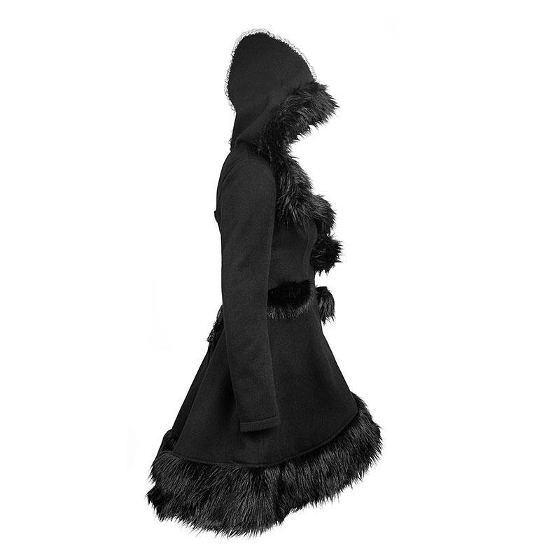 KITSUNE Hooded Fur Coat, Punk Rave Gothic Lolita Style Womens Jacket-Black-3XL-