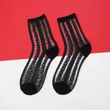 Black Lace Ankle Socks Ladies Sheer Breathable Fishnet Stocking Foot Fetish Fashion See Through Gothic Mesh Hosiery-Lace Stripes-