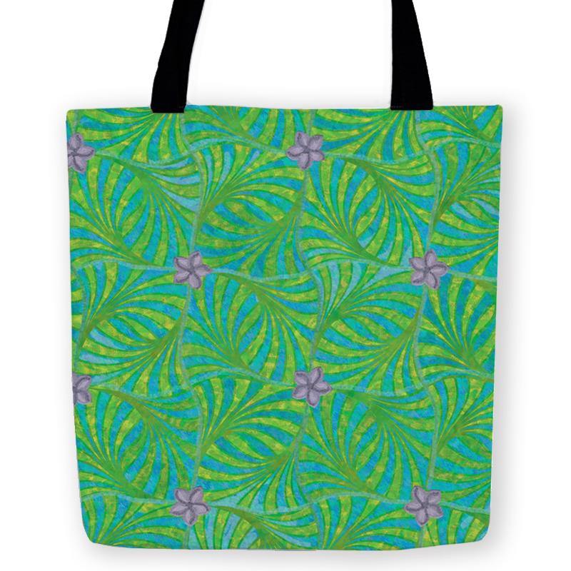 -High quality, reusable woven polyester fabric carryall tote bag with geometric blue and green cypress leaf design, accented with small purple star shaped flowers. Durable and machine washable. This item is made-to-order and typically ships in 3-5 business days.-13 inches-Not Applicable