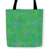 -High quality, reusable woven polyester fabric carryall tote bag with geometric blue and green cypress leaf design, accented with small purple star shaped flowers. Durable and machine washable. This item is made-to-order and typically ships in 3-5 business days.-