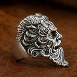 Cernnunos Horned God Ring, Sterling Silver-Large .925 Sterling Silver Horned God Ring. Highly detailed pagan Cernunnos / Horned God / Pan face and horns ring handcrafted in sterling silver, treated with jeweler's antiquing and then polished for the best possible presentation. A fantastic gift for pagans, followers of wicca, green witchcraft, etc. Available in full and half US sizes 7-15. Measures approximately 35mm / 1.38 inches and weighs approximately 0.78-