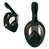 Professional Panoramic Anti-Fog Full Face Snorkeling GoPro Diving Mask-Pro quality hydrodynamic full face snorkeling mask. Anti-fog, 180º panoramic HD view. Two chamber breath apparatus. Improved airflow, easy breathing through mouth & nose. Comfortable food grade, hypoallergenic silicone seals. Dry Top snorkel, submersion auto closure. Auto drain valves. GoPro compatible camera mount. 

-Agate Green-L-XL-