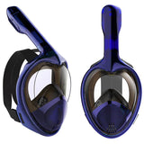 Professional Panoramic Anti-Fog Full Face Snorkeling GoPro Diving Mask-Pro quality hydrodynamic full face snorkeling mask. Anti-fog, 180º panoramic HD view. Two chamber breath apparatus. Improved airflow, easy breathing through mouth & nose. Comfortable food grade, hypoallergenic silicone seals. Dry Top snorkel, submersion auto closure. Auto drain valves. GoPro compatible camera mount. 

-Deep Blue-L-XL-