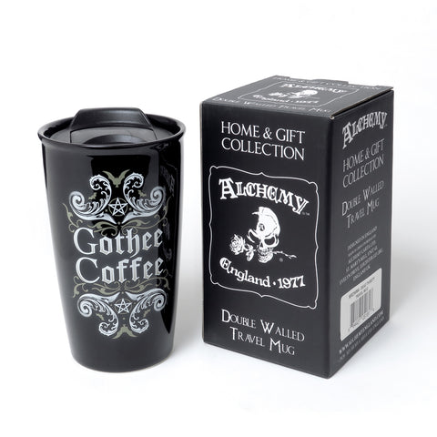-Dying for a Drink? Keep it hot or cold in this durable double-wall insulated 12oz travel mug made from the highest quality ceramic. Dishwasher safe. Genuine Alchemy Gothic product. Brand new in box. Typically ships in 2-3 business days from within the USA. Grim Reaper Halloween Black Coffee Cup-