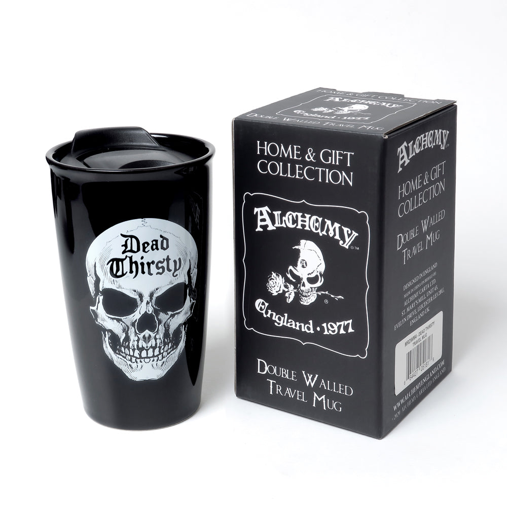 -Dead Thirsty? Take your beverage to go and keep it hot or cold in this durable double-wall insulated 12oz travel mug made from the highest quality ceramic. Dishwasher safe.

Genuine Alchemy Gothic product. Brand new in box. Typically ships in 2-3 business days from within the USA. Halloween Goth Skull Travel Black Coffee Cup
-