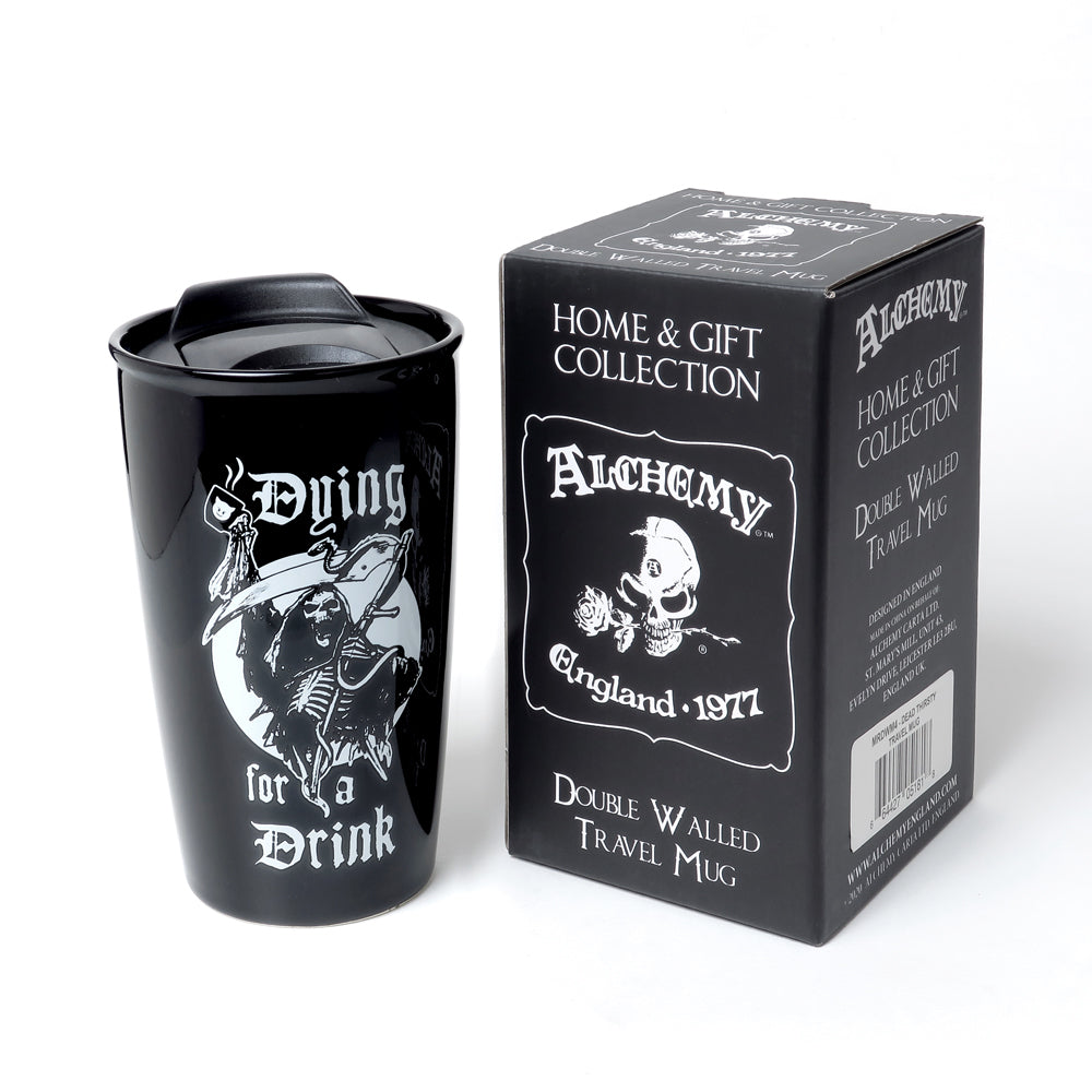 -Dying for a Drink? Keep it hot or cold in this durable double-wall insulated 12oz travel mug made from the highest quality ceramic. Dishwasher safe. Genuine Alchemy Gothic product. Brand new in box. Typically ships in 2-3 business days from within the USA. Grim Reaper Halloween Black Coffee Cup-