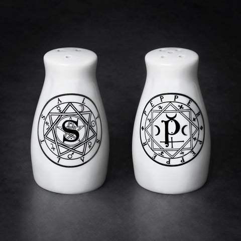 Alchemy Gothic Conjuring Salt and Pepper Shaker Set, Hexagram Shakers-Unique set of ceramic salt and pepper shakers with Key of Solomon style seals / symbols. Each shaker has a diameter of roughly 1.77in and stands 3.35in (8.5cm (3.35 x 4.5cm)) and weighs approximately 5.11oz (145g)

Genuine Alchemy Gothic Product. These items typically ship in 1-3 business days from within the US.-