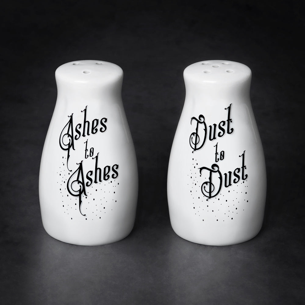 Alchemy Gothic Ashes to Ashes, Dust to Dust Salt and Pepper Shaker Set-Unique set of ceramic salt and pepper shakers. Each shaker has a diameter of roughly 1.77in and stands 3.35in (8.5cm (3.35 x 4.5cm)) and weighs approximately 5.11oz (145g)

Genuine Alchemy Gothic Product. These items typically ship in 1-3 business days from within the US. Great gothic home decor giftware. -
