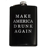 -Funny Anti-Trump MAGA Parody Make America Drunk Again engraved 8oz Stainless Steel hip / pocket flask with easy closure screw cap lid. Measures 5.5" tall and 3.75" wide and holds eight shots.Choice of just the flask, flask &amp; stainless steel funnel or with gift box containing stainless steel funnel &amp; shot glasses. This item is fully customizable. For basic customizati-Black-Just the Flask-725185481023