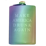 -Funny Anti-Trump MAGA Parody Make America Drunk Again engraved 8oz Stainless Steel hip / pocket flask with easy closure screw cap lid. Measures 5.5" tall and 3.75" wide and holds eight shots.Choice of just the flask, flask &amp; stainless steel funnel or with gift box containing stainless steel funnel &amp; shot glasses. This item is fully customizable. For basic customizati-Rainbow Finish-Just the Flask-725185481023
