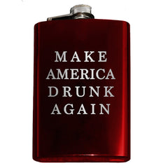 -Funny Anti-Trump MAGA Parody Make America Drunk Again engraved 8oz Stainless Steel hip / pocket flask with easy closure screw cap lid. Measures 5.5" tall and 3.75" wide and holds eight shots.Choice of just the flask, flask &amp; stainless steel funnel or with gift box containing stainless steel funnel &amp; shot glasses. This item is fully customizable. For basic customizati-