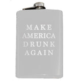 -Funny Anti-Trump MAGA Parody Make America Drunk Again engraved 8oz Stainless Steel hip / pocket flask with easy closure screw cap lid. Measures 5.5" tall and 3.75" wide and holds eight shots.Choice of just the flask, flask &amp; stainless steel funnel or with gift box containing stainless steel funnel &amp; shot glasses. This item is fully customizable. For basic customizati-White-Just the Flask-725185481023