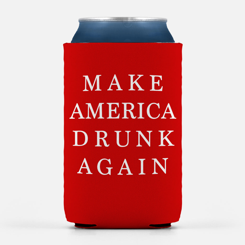 Make America Drunk Again Can Cooler Wrap, Trump MAGA Parody Sleeve-High quality, anti-Trump neoprene can cooler wrap. Insulating sleeve fits standard 12 fl oz and 16 fl oz cans and keeps drinks cold. Foldable for easy storage. Great gift or drink marker for political parties, gatherings and protests. Funny Trump MAGA Parody Make America Drunk Again quote saying red beverage insulator. -