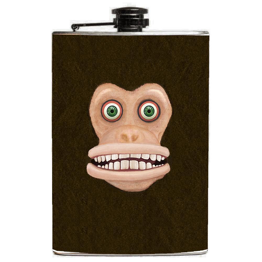 Maniacal Monkey Creepy Chimp Face Flask-Funny and Weird Manaical Monkey Creepy Chimp Face Flask. Brand New retro kitsch 8oz stainless steel flask with easy closure screw cap lid with artwork on waterproof vinyl that fully wraps around the flask. Measures 5.5" tall and 3.75" wide and holds eight shots. This item is made-to-order and typically ships in 2-3 Business Days.-Just the Flask-796752938400